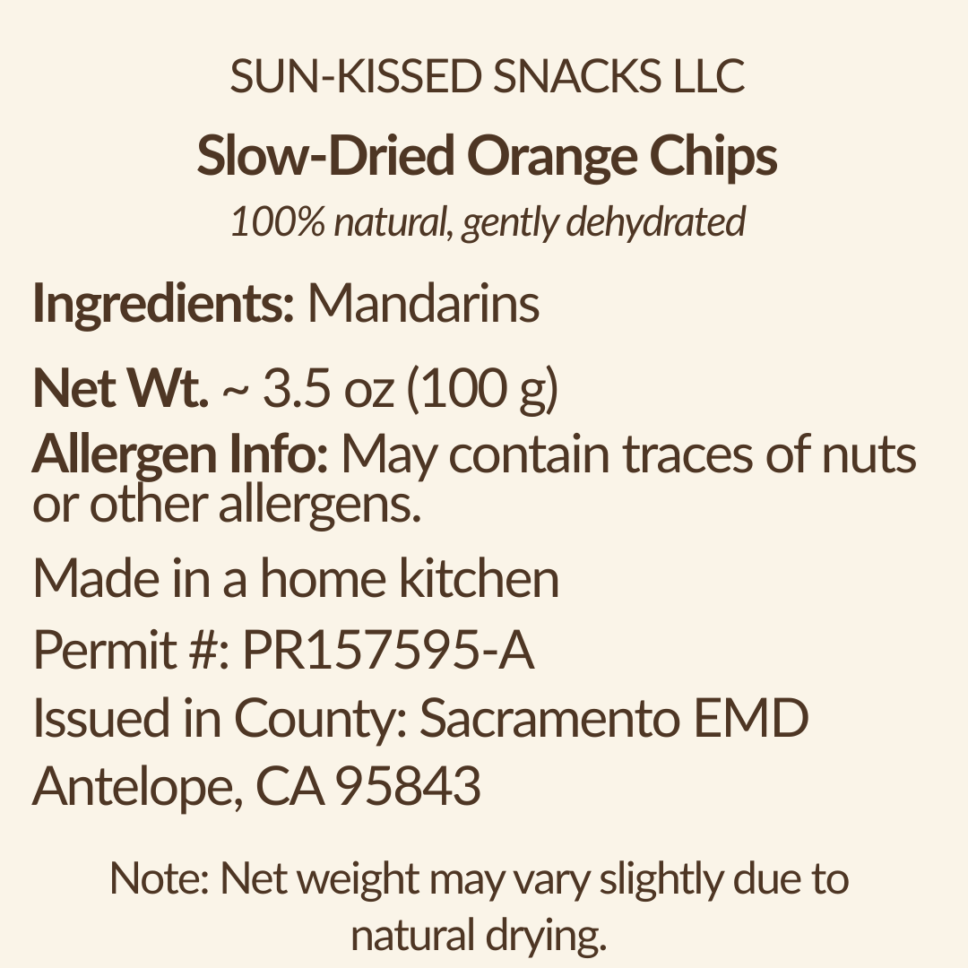 Close-up of product label: “Ingredients: Mandarins; Net Wt. 3.5 oz (100 g); Allergen Info: May contain traces of nuts; Home‐kitchen Permit # PR157595-A