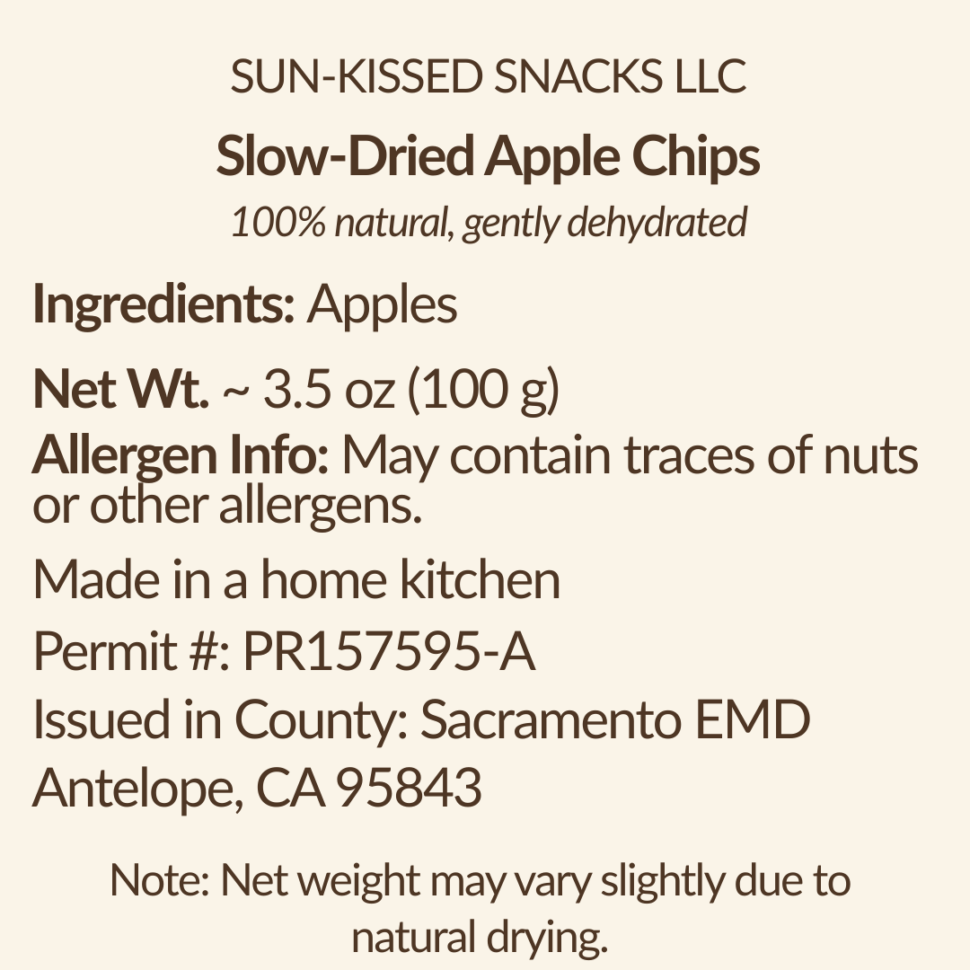 Label: Ingredients (Apples), Net Wt. 3.5 oz (100 g), Allergen & Home-kitchen permit details
