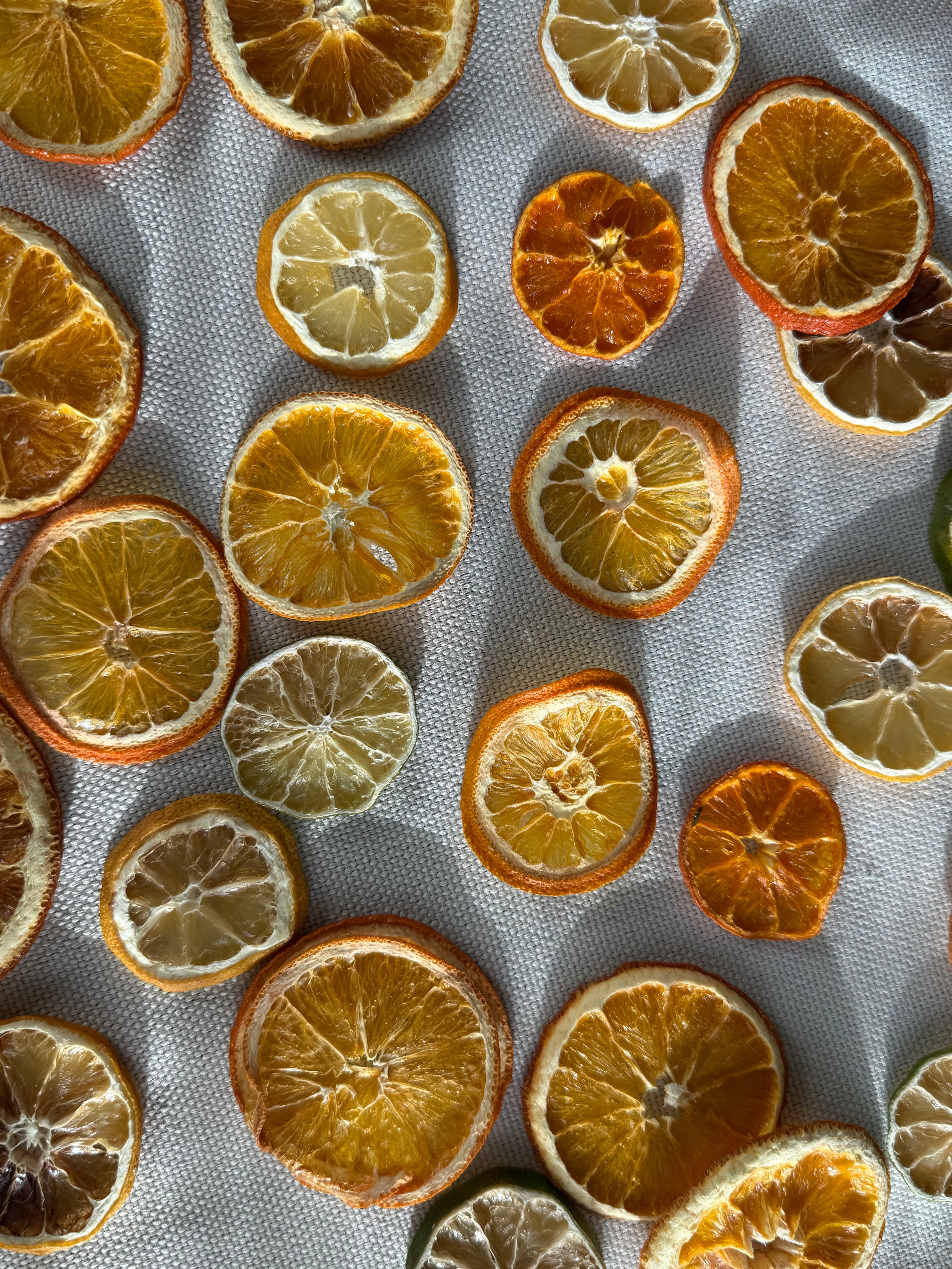 Dried orange and lime slices on a textured surface